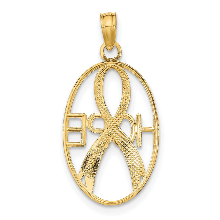 14k Yellow Gold White Rhodium Textured Polished Finish HOPE with Ribbon Design Oval Shape Charm Pendant