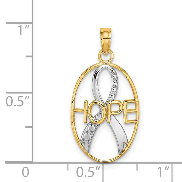 14k Yellow Gold White Rhodium Textured Polished Finish HOPE with Ribbon Design Oval Shape Charm Pendant