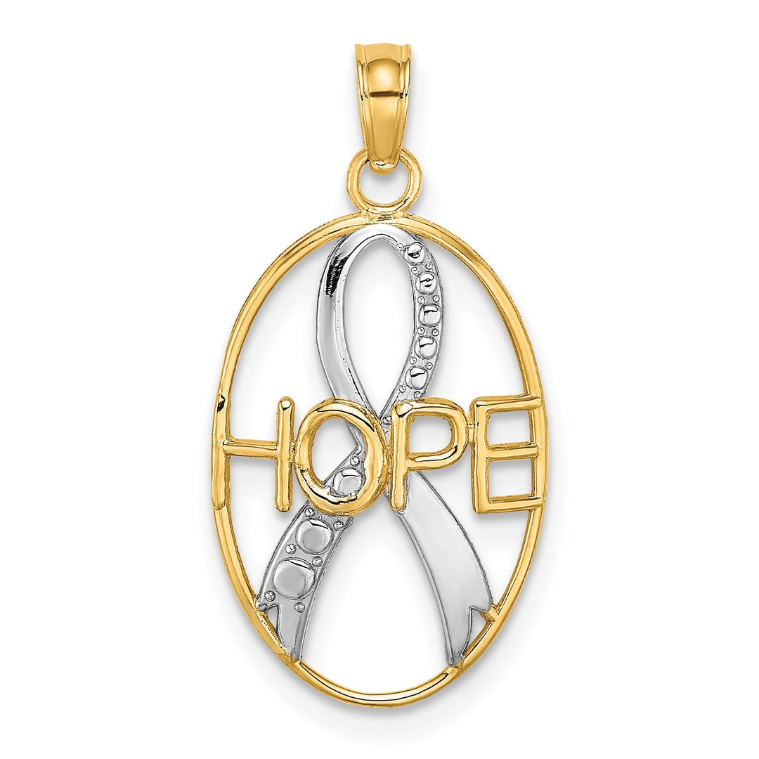 14k Yellow Gold White Rhodium Textured Polished Finish HOPE with Ribbon Design Oval Shape Charm Pendant