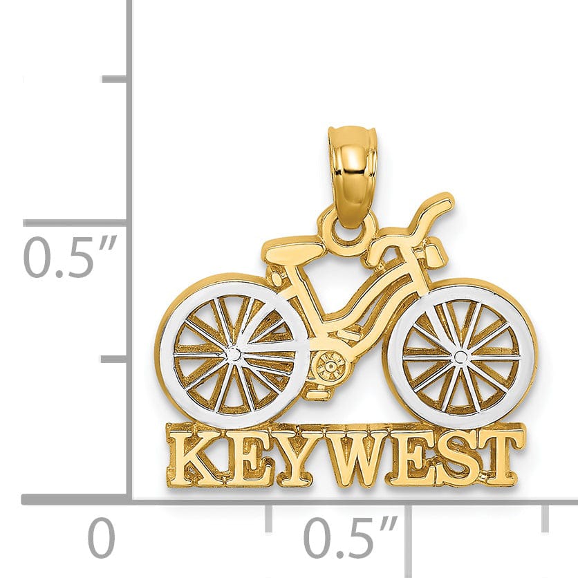 14K Yellow Gold, White Rhodium Polished Finish KEY WEST Banner under Bicycle Charm Pendant