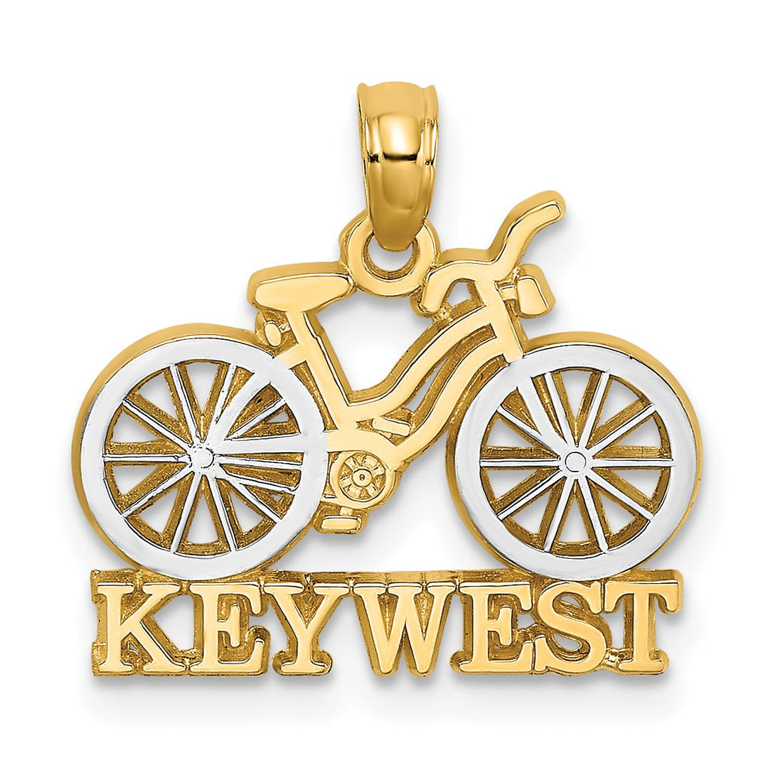 14K Yellow Gold, White Rhodium Polished Finish KEY WEST Banner under Bicycle Charm Pendant
