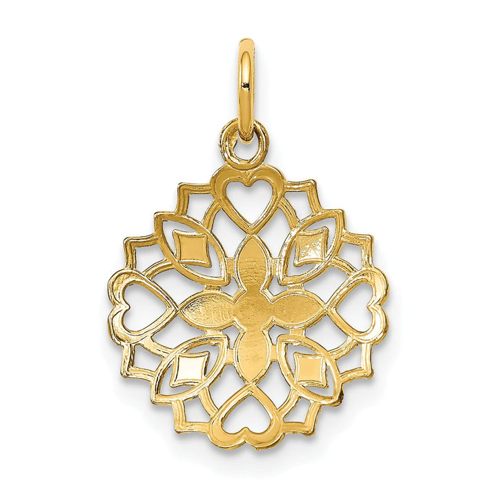 14K Yellow Gold, White Rhodium Polished Finish Filgree Center Flower and Heart Design Pendant