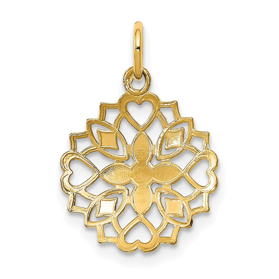 14K Yellow Gold, White Rhodium Polished Finish Filgree Center Flower and Heart Design Pendant