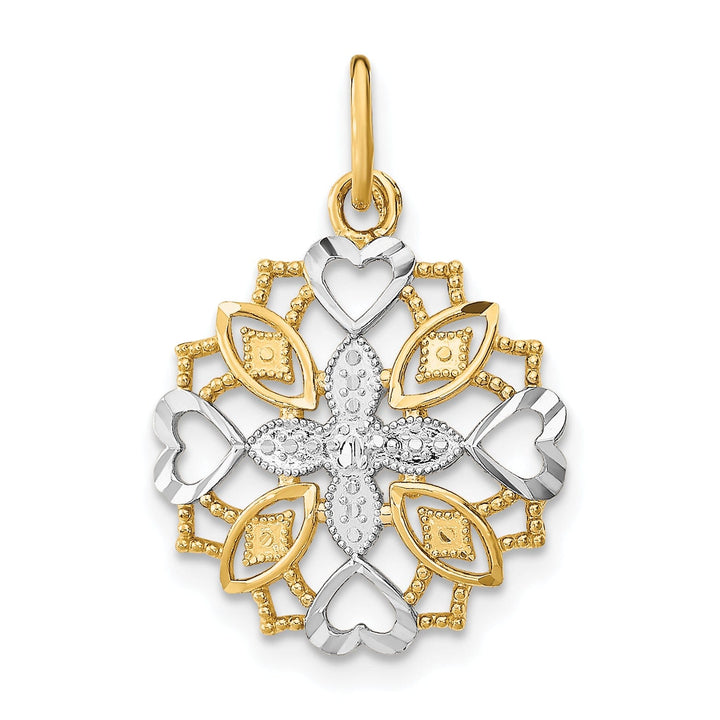 14K Yellow Gold, White Rhodium Polished Finish Filgree Center Flower and Heart Design Pendant