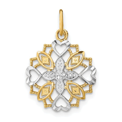 14K Yellow Gold, White Rhodium Polished Finish Filgree Center Flower and Heart Design Pendant at $ 78.99 only from Jewelryshopping.com