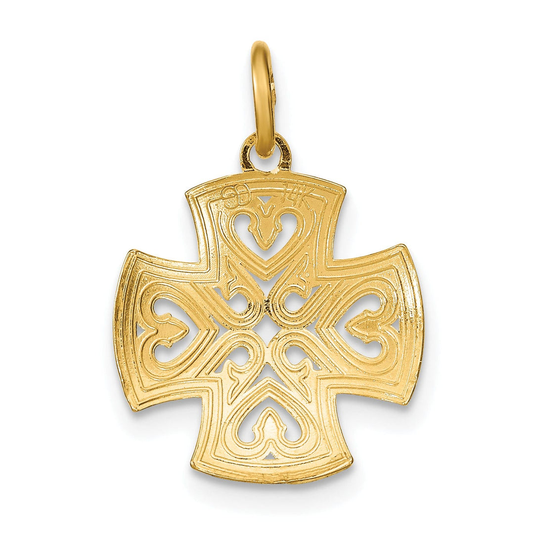 14K Yellow Gold, White Rhodium Medium Size Filigree Polished Diamond Cut Finish Hearts Design Maltese Cross Pendant