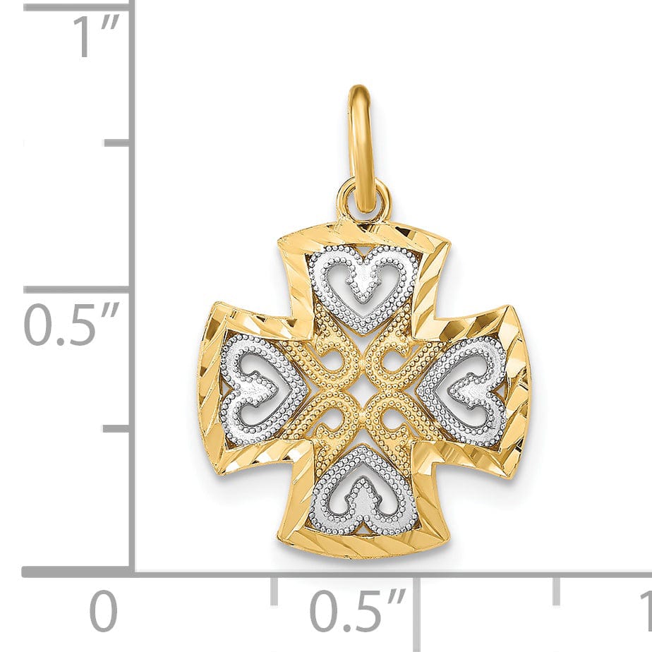 14K Yellow Gold, White Rhodium Medium Size Filigree Polished Diamond Cut Finish Hearts Design Maltese Cross Pendant