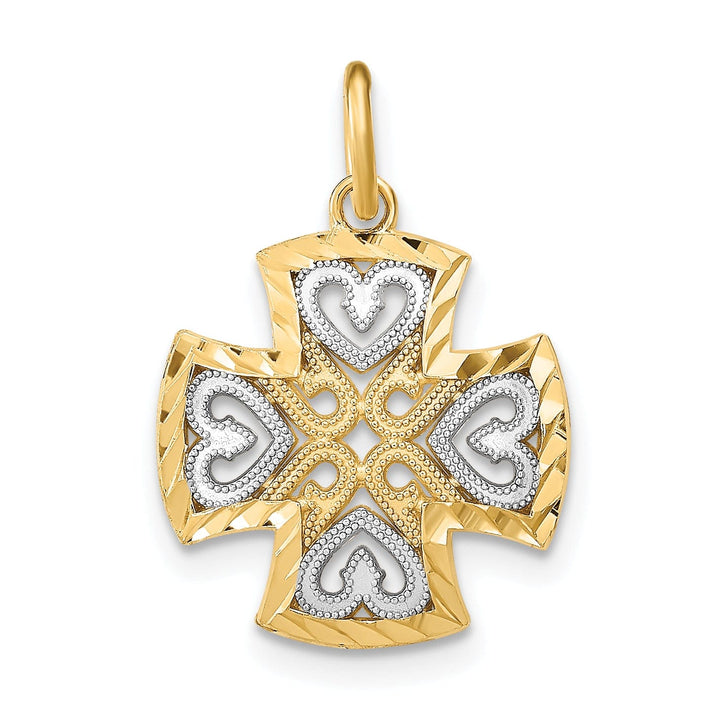 14K Yellow Gold, White Rhodium Medium Size Filigree Polished Diamond Cut Finish Hearts Design Maltese Cross Pendant