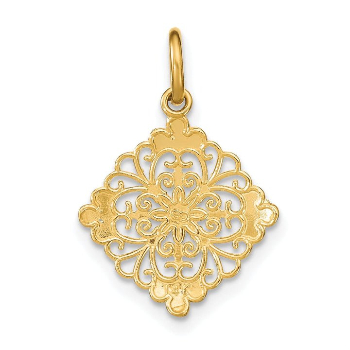14K Yellow Gold, White Rhodium Polished Diamond Cut Finish Filigree Medallion Design Pendant