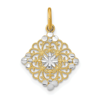 14K Yellow Gold, White Rhodium Polished Diamond Cut Finish Filigree Medallion Design Pendant at $ 56.35 only from Jewelryshopping.com