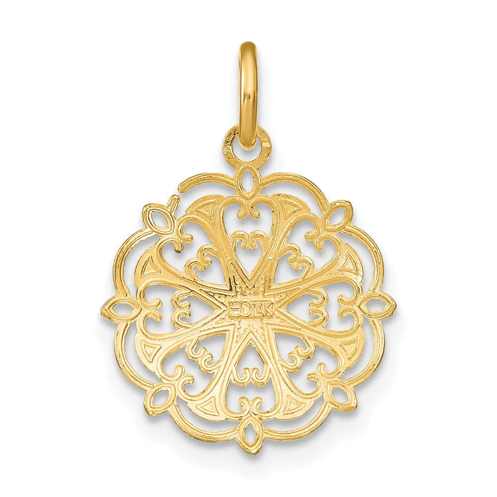 14K Yellow Gold, White Rhodium Polished Finish Filigree Heart Fancy Design Circle Pendant