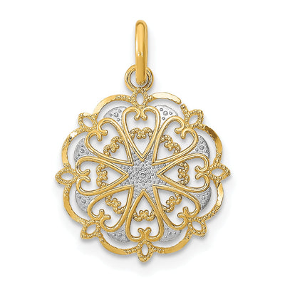 14K Yellow Gold, White Rhodium Polished Finish Filigree Heart Fancy Design Circle Pendant at $ 87.65 only from Jewelryshopping.com