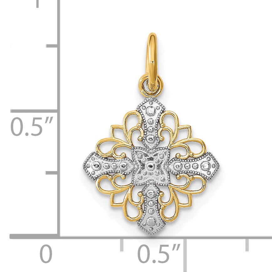 14K Yellow Gold, White Rhodium Polished Finish Filigree Medallion Design Pendant