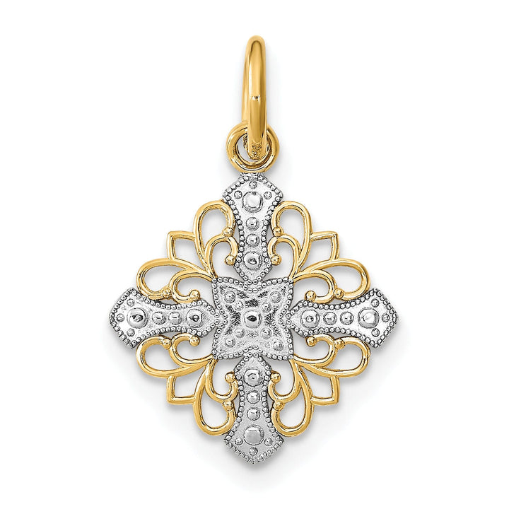 14K Yellow Gold, White Rhodium Polished Finish Filigree Medallion Design Pendant