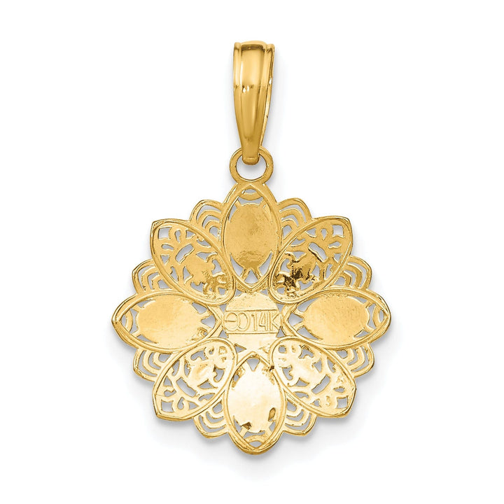 14K Yellow Gold, White Rhodium Polished Finish Filigree Flower Design Pendant