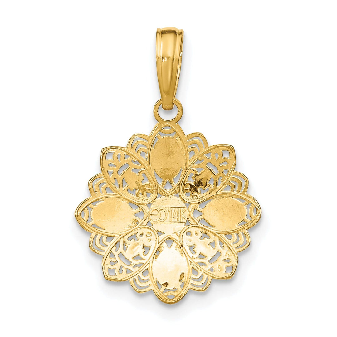 14K Yellow Gold, White Rhodium Polished Finish Filigree Flower Design Pendant