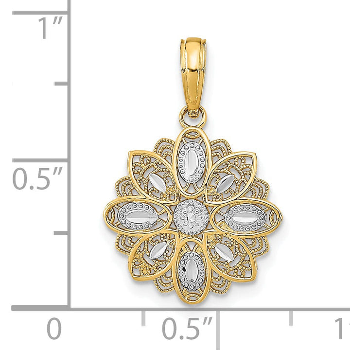 14K Yellow Gold, White Rhodium Polished Finish Filigree Flower Design Pendant