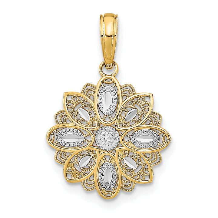 14K Yellow Gold, White Rhodium Polished Finish Filigree Flower Design Pendant