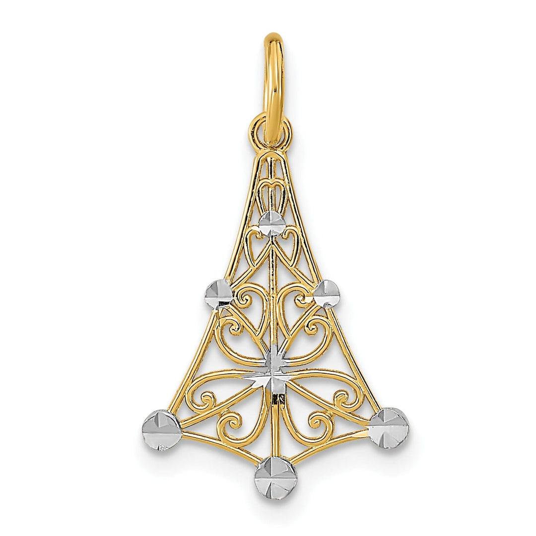 14K Yellow Gold, White Rhodium Polished Diamond Cut Finish Filigree Chandellier Design Pendant