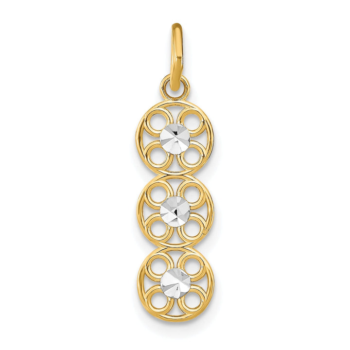 14K Yellow Gold, White Rhodium Polished Diamond Cut Finish Filigree 3 Circle Design Pendant