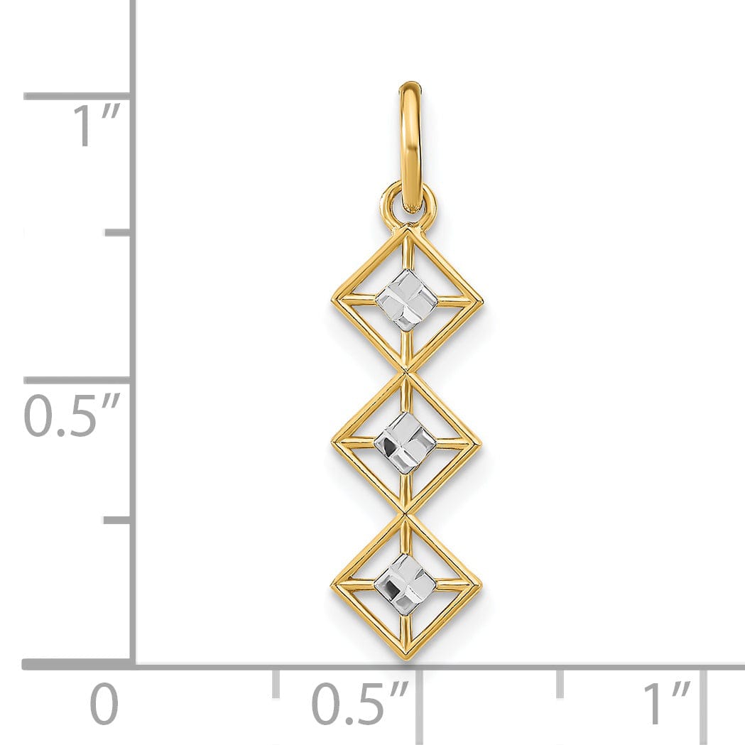 14K Yellow Gold, White Rhodium Polished Diamond Cut Finish Filigree 3 Diamond Shape Designs Pendant