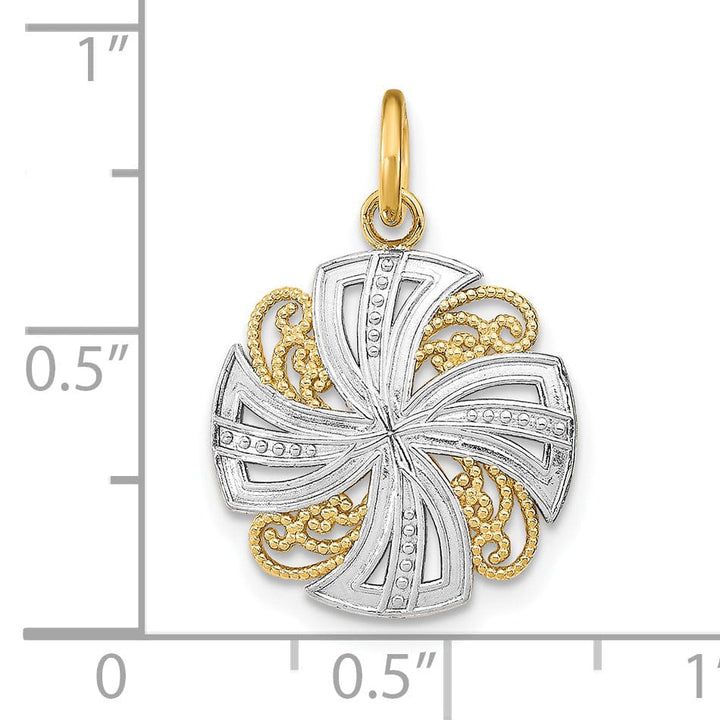 14K Yellow Gold, White Rhodium Polished Finish Filigree Beaded Pinwheel Design Medallion Pendant