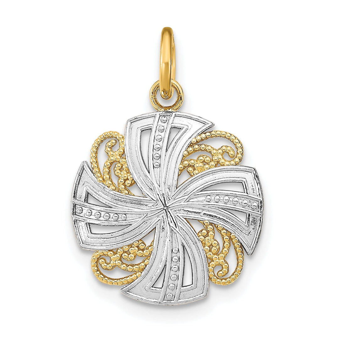 14K Yellow Gold, White Rhodium Polished Finish Filigree Beaded Pinwheel Design Medallion Pendant