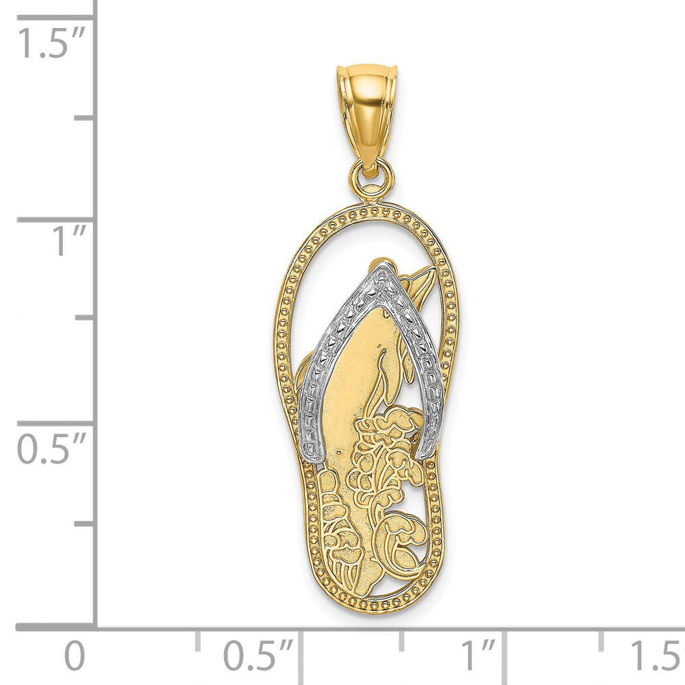 14K Yellow Gold, White Rhodium Solid Polished Finish Dolphin in Flip Flop Sandle Design Charm Pendant