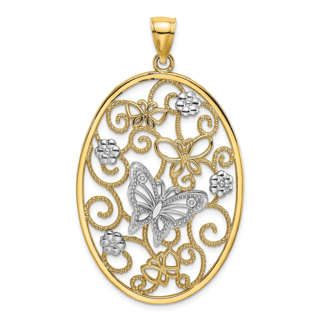 14k Two-Tone Gold Open Back Solid Textured Polished Finish Butterfly and Flowers in Oval Frame Charm Pendant