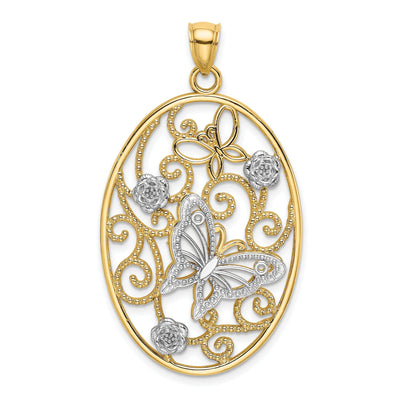 14k Two-Tone Gold Solid Open Back Textured Polished Finish Butterfly and Flowers in Oval Frame Charm Pendant