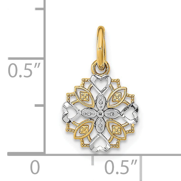 14K Yellow Gold, White Rhodium Polished Finish Cut-Out Heart Edge Flower Design Pendant