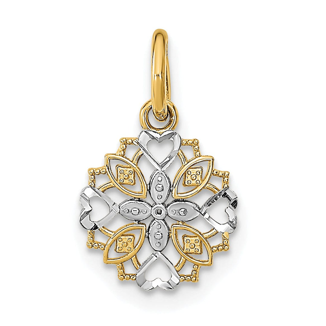 14K Yellow Gold, White Rhodium Polished Finish Cut-Out Heart Edge Flower Design Pendant