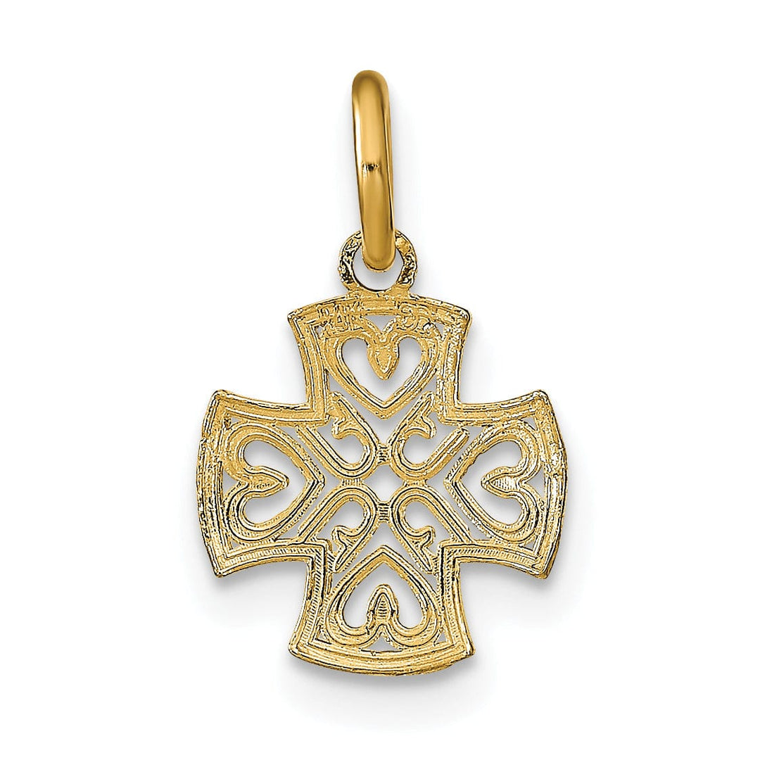 14K Yellow Gold, White Rhodium Small Size Filigree Polished Diamond Cut Finish Hearts Design Maltese Cross Pendant