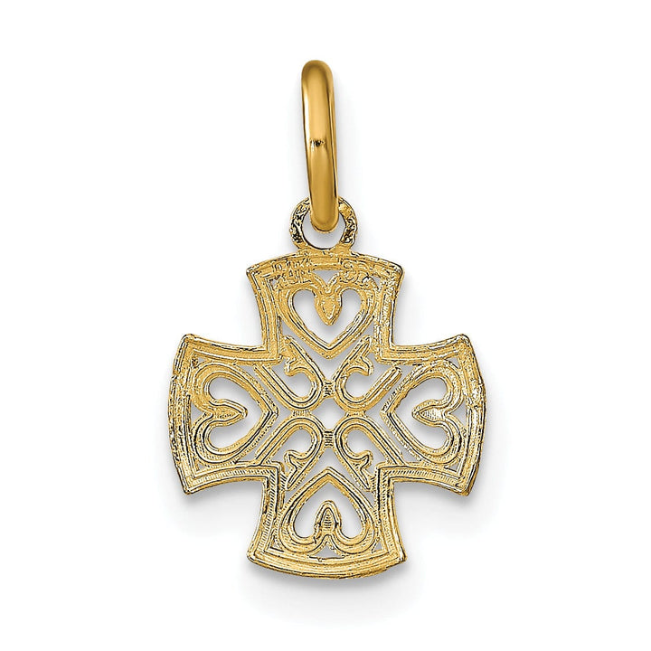 14K Yellow Gold, White Rhodium Small Size Filigree Polished Diamond Cut Finish Hearts Design Maltese Cross Pendant