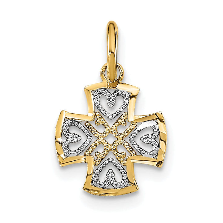 14K Yellow Gold, White Rhodium Small Size Filigree Polished Diamond Cut Finish Hearts Design Maltese Cross Pendant