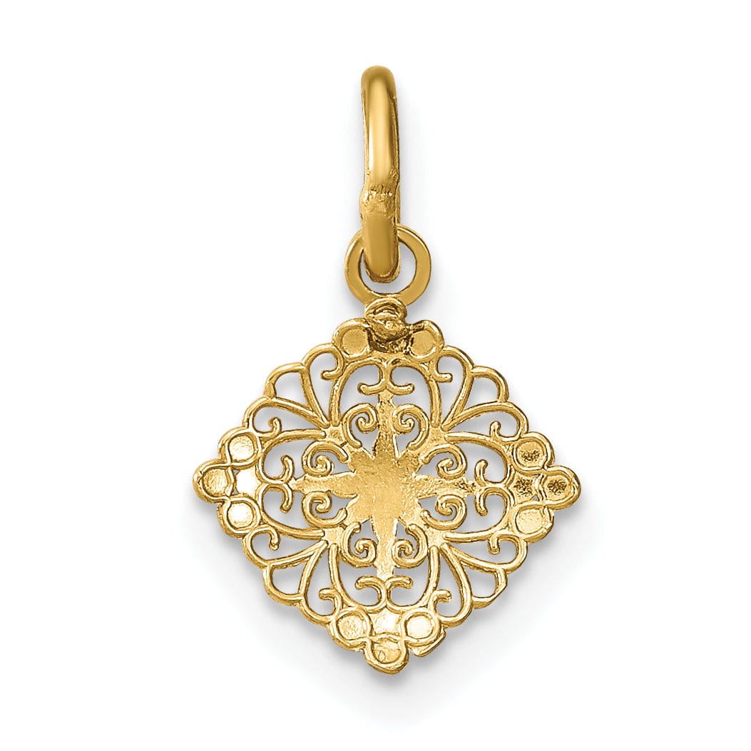 14K Yellow Gold, White Rhodium Polished Finish Mini Filigree Beaded Design Medallion Pendant