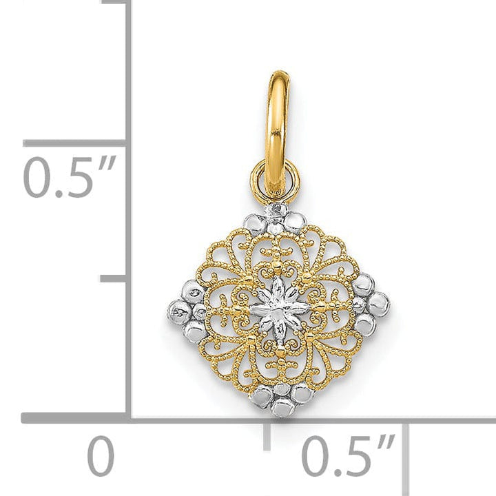 14K Yellow Gold, White Rhodium Polished Finish Mini Filigree Beaded Design Medallion Pendant