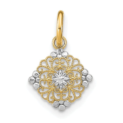 14K Yellow Gold, White Rhodium Polished Finish Mini Filigree Beaded Design Medallion Pendant at $ 36.15 only from Jewelryshopping.com