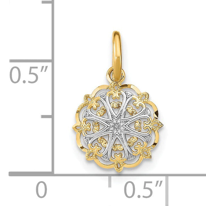 14K Yellow Gold, White Rhodium Polished Finish Filigree with Hearts Desgin Pendant