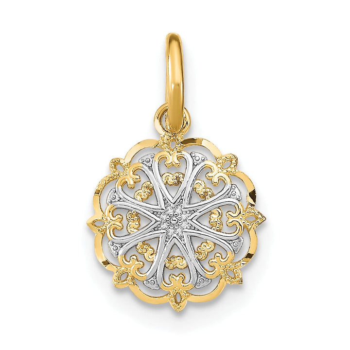 14K Yellow Gold, White Rhodium Polished Finish Filigree with Hearts Desgin Pendant