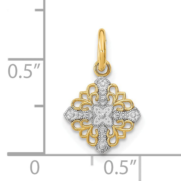 14K Yellow Gold, White Rhodium Polished Finish Mini Cross Medallion Design Pendant