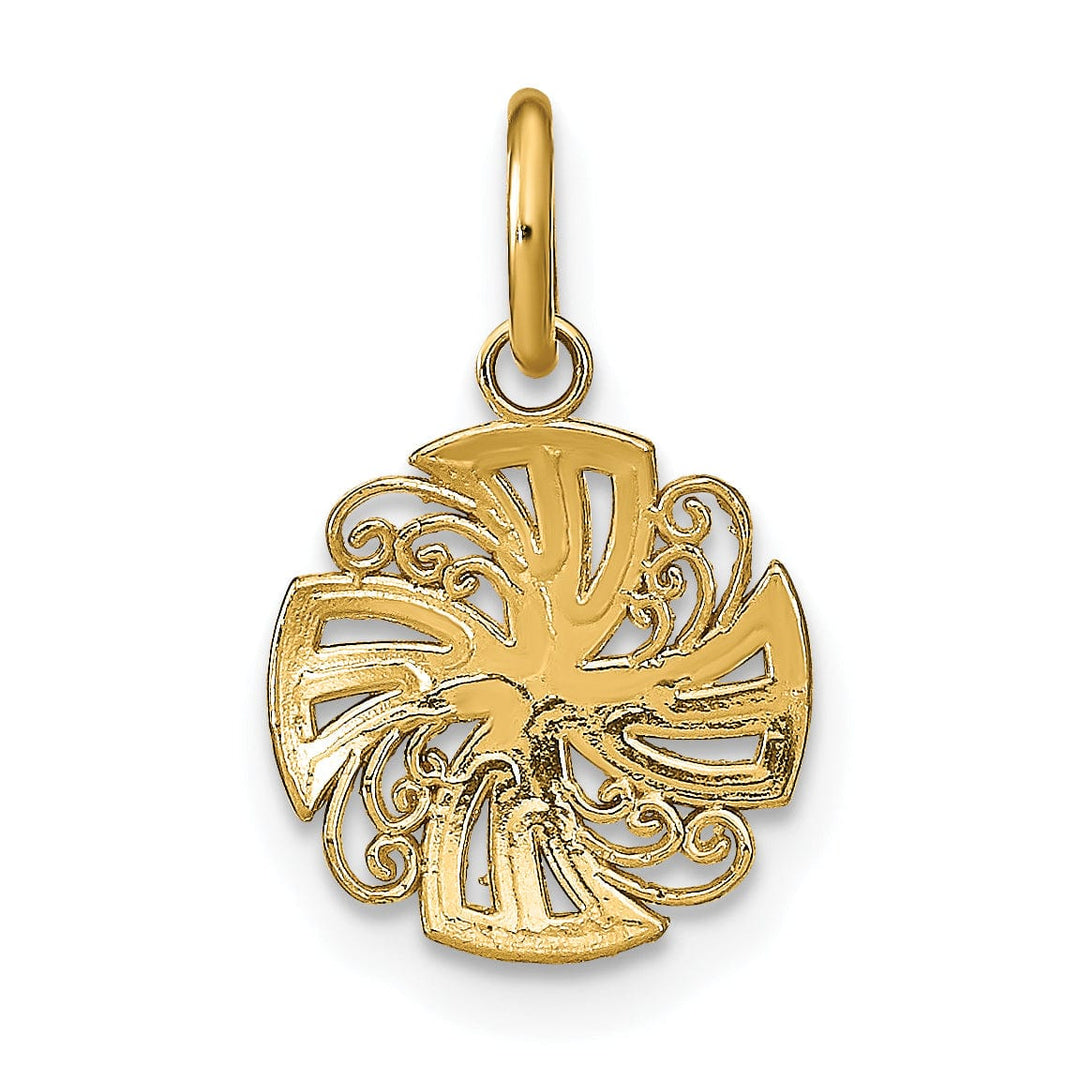 14K Yellow Gold, White Rhodium Polished Finish Filigree Beaded Mini Pinwheel Design Medallion Pendant