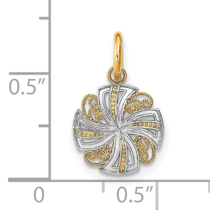 14K Yellow Gold, White Rhodium Polished Finish Filigree Beaded Mini Pinwheel Design Medallion Pendant