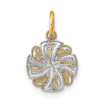 14K Yellow Gold, White Rhodium Polished Finish Filigree Beaded Mini Pinwheel Design Medallion Pendant at $ 57.3 only from Jewelryshopping.com