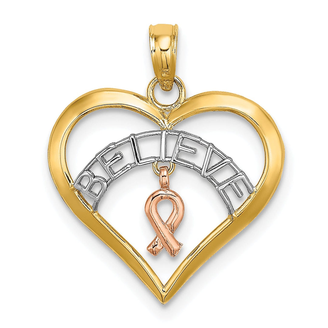 14k Two Tone Gold White Rhodium BELIEVE in Heart Shape with Breast Cancer Ribbon Charm Pendant