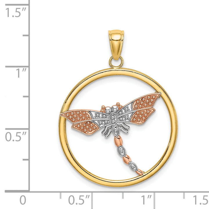 14k Two-Tone Gold White Rhodium Solid Textured Polished Finish Dragonfly With Beaded Wings Design In Round Frame Charm Pendant