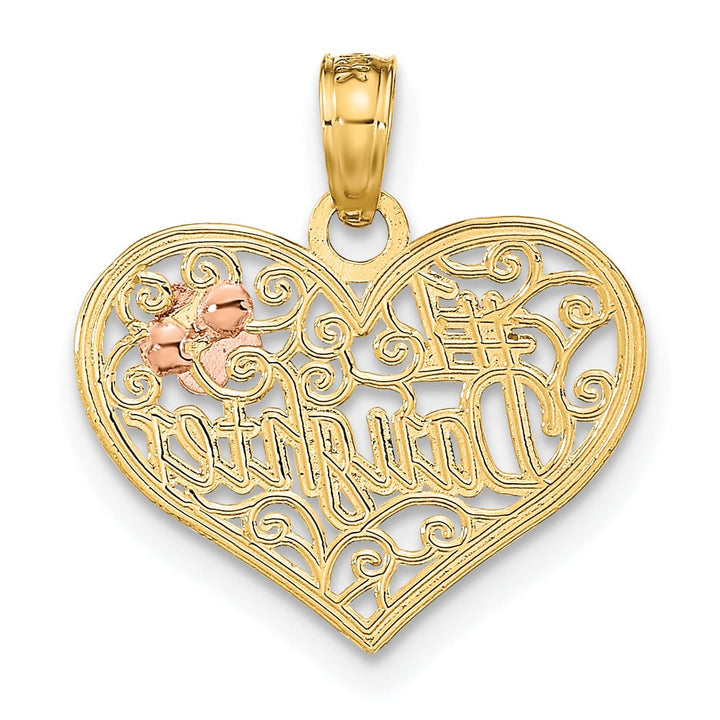 14k Two Tone Gold, White Rhodium Flat Back Polished Finish #1 DAUGHTER In Heart with Flower Swirl Design Charm Pendant