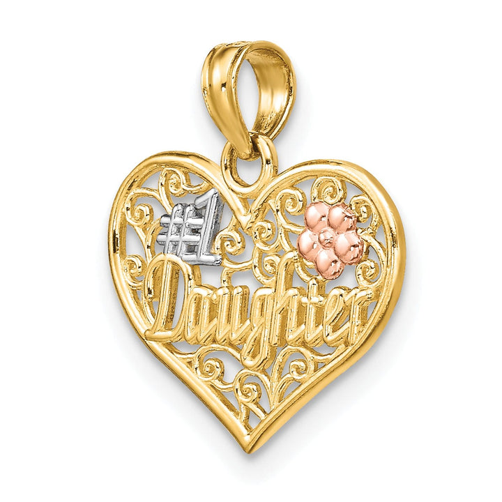 14k Two Tone Gold, White Rhodium Flat Back Polished Finish #1 DAUGHTER In Heart with Flower Swirl Design Charm Pendant