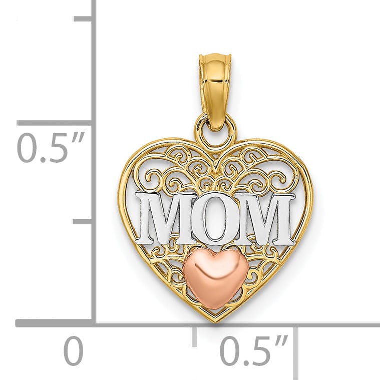 14K Two Tone Gold, White Rhodium Polished Finish MOM Heart in Heart Filigree Design Charm Pendant