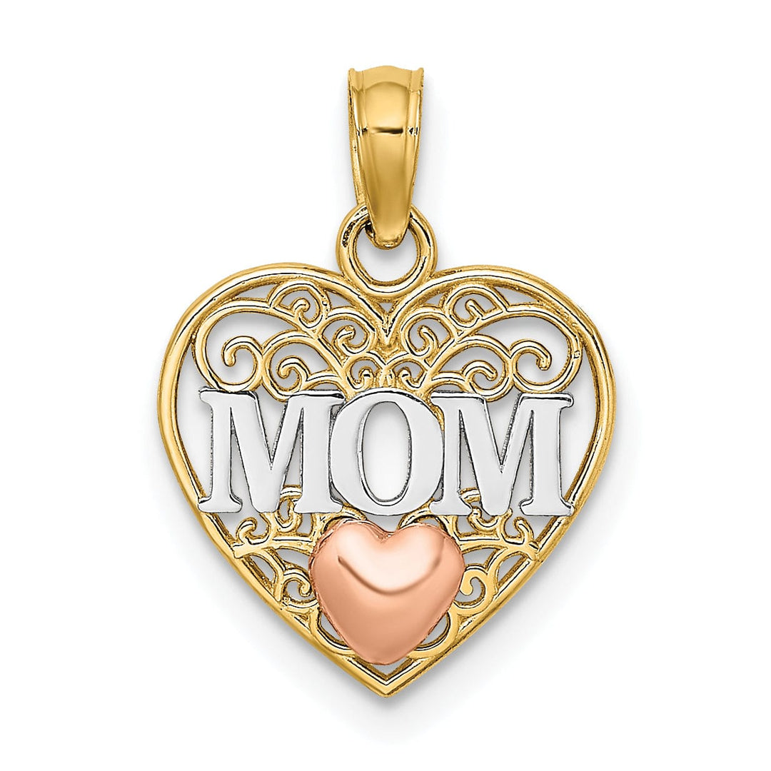 14K Two Tone Gold, White Rhodium Polished Finish MOM Heart in Heart Filigree Design Charm Pendant